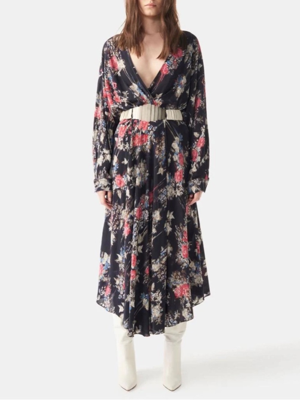 IRO Black Floral Wrap Midi Dress with Pink and Blue Accents - Picture 5 of 11